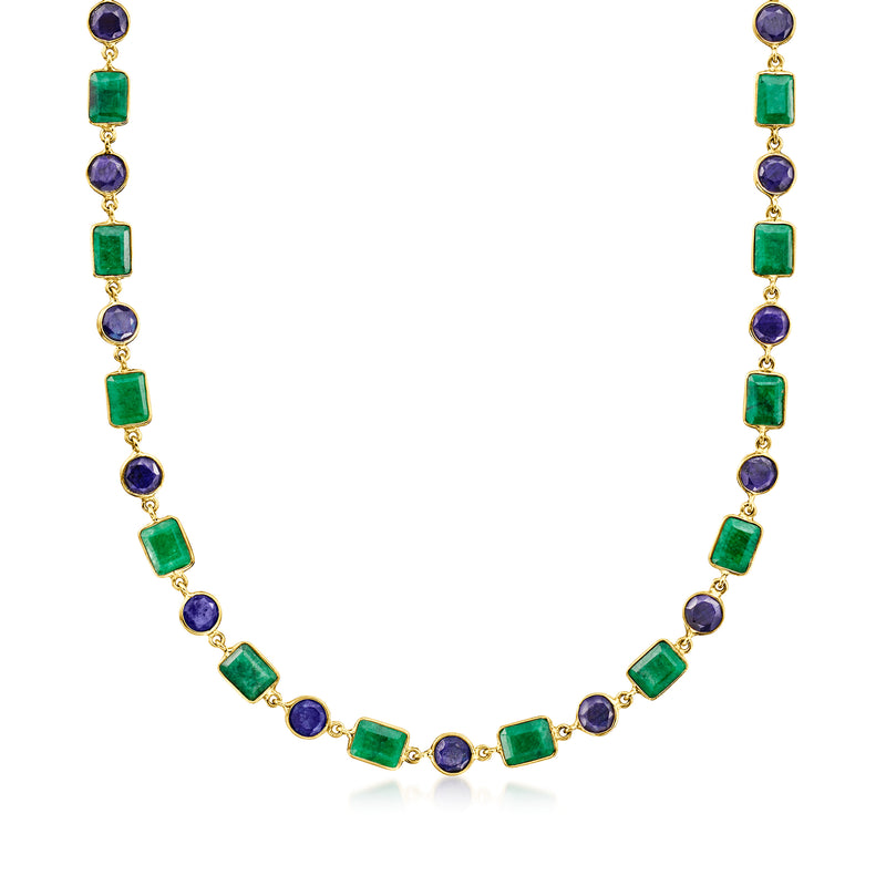 18kt gold over sterling gemstone necklace with green emerald and blue sapphire stones