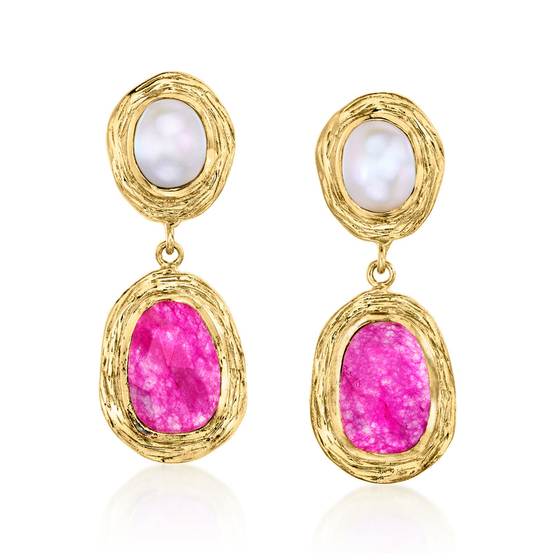 Gold drop earrings with oval white pearl tops and pink quartz oval dangles