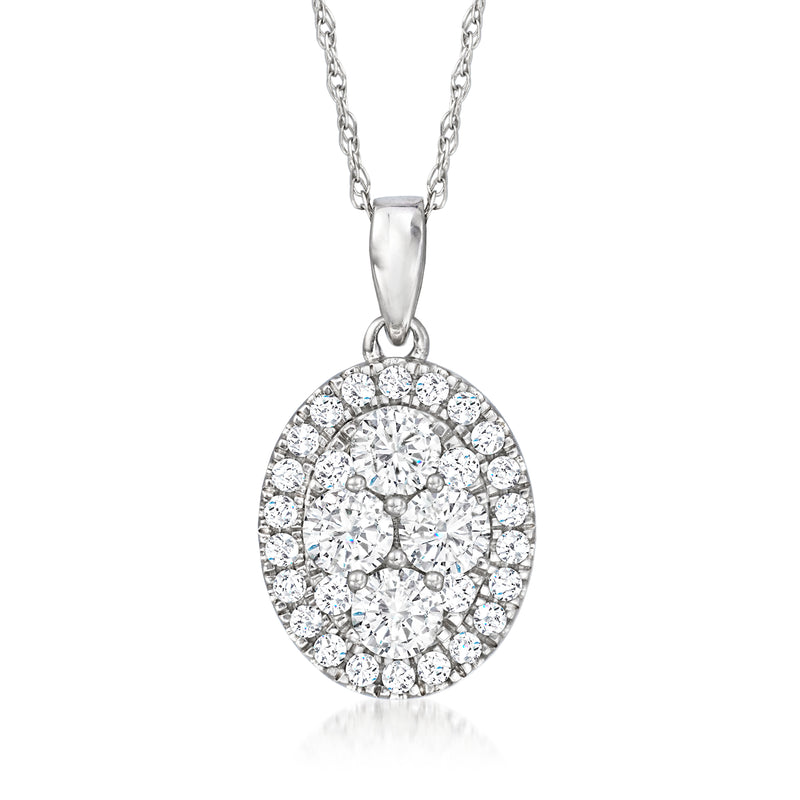 14kt white gold oval diamond cluster pendant on chain