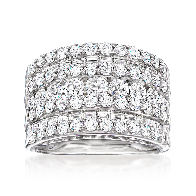 14kt white gold diamond multi-row ring with oval-cut and round stones, shiny profile