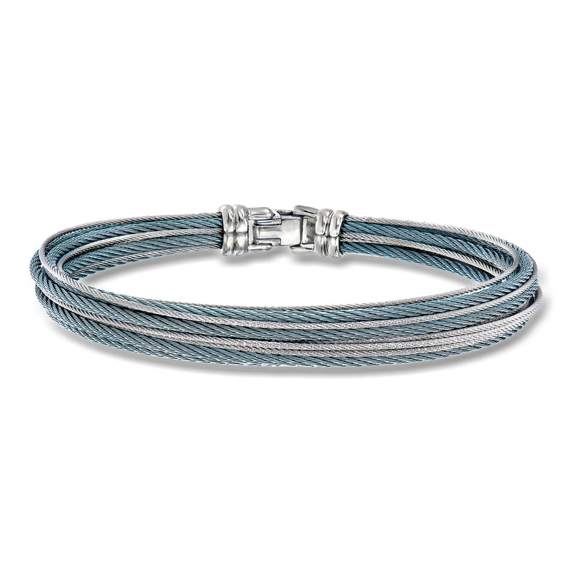 Stainless steel cable bracelet with multi-strand blue and gray woven cords, clasp closure