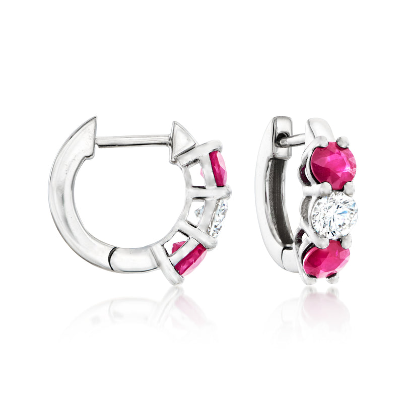 14kt white gold hoop earrings with pink ruby and clear diamond accents
