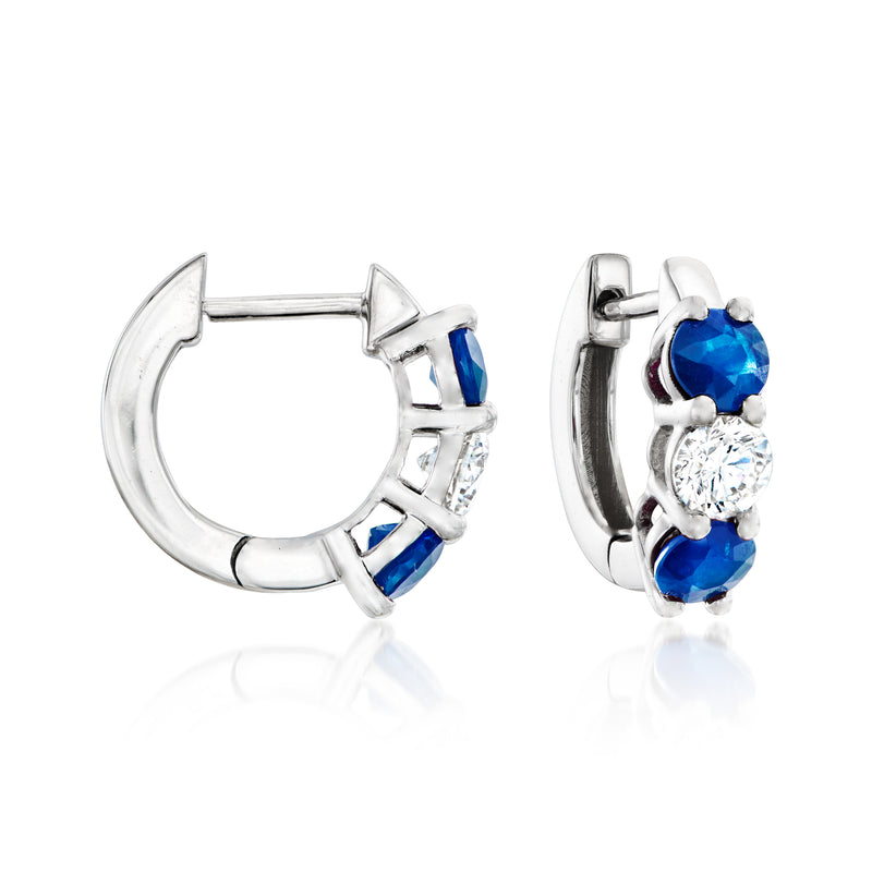 14kt white gold hoop earrings with blue sapphire stones and clear diamond accents