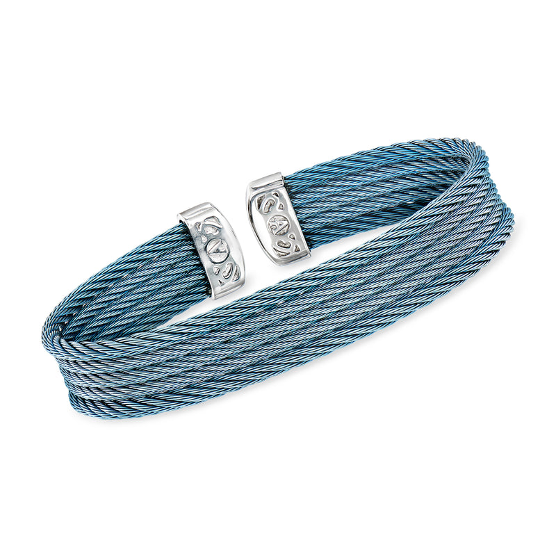 ALOR blue multi-row cable cuff bracelet with silver oval clasps and textured ends