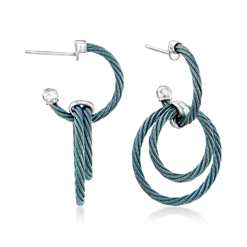 Teal cable circle drop earrings with clear bead tops and stainless steel posts