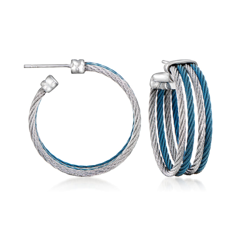 Cable hoop earrings with blue and gray braided wire, polished silver tone clasps
