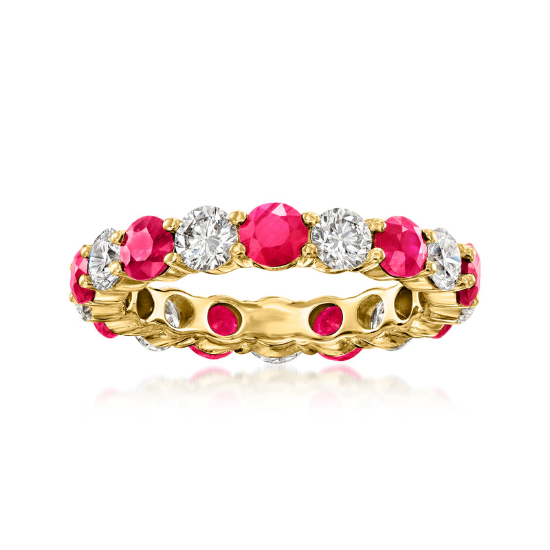 14k yellow gold eternity band with round ruby and diamond accents, scalloped setting