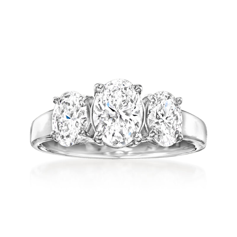 Three-stone lab-grown diamond ring, 14kt white gold band with three oval diamonds