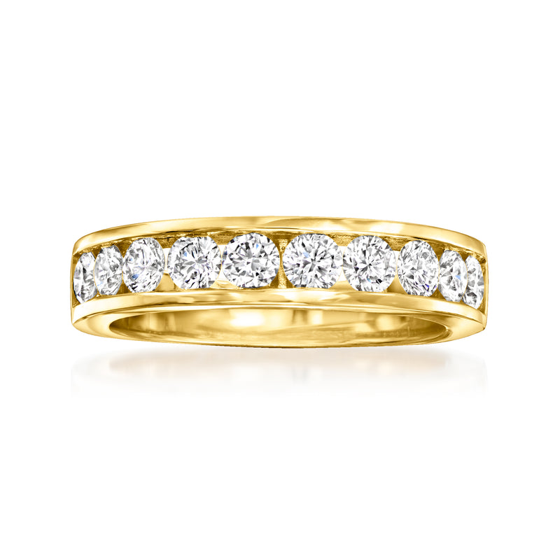 14kt yellow gold diamond channel-set ring with round stones in a slim band