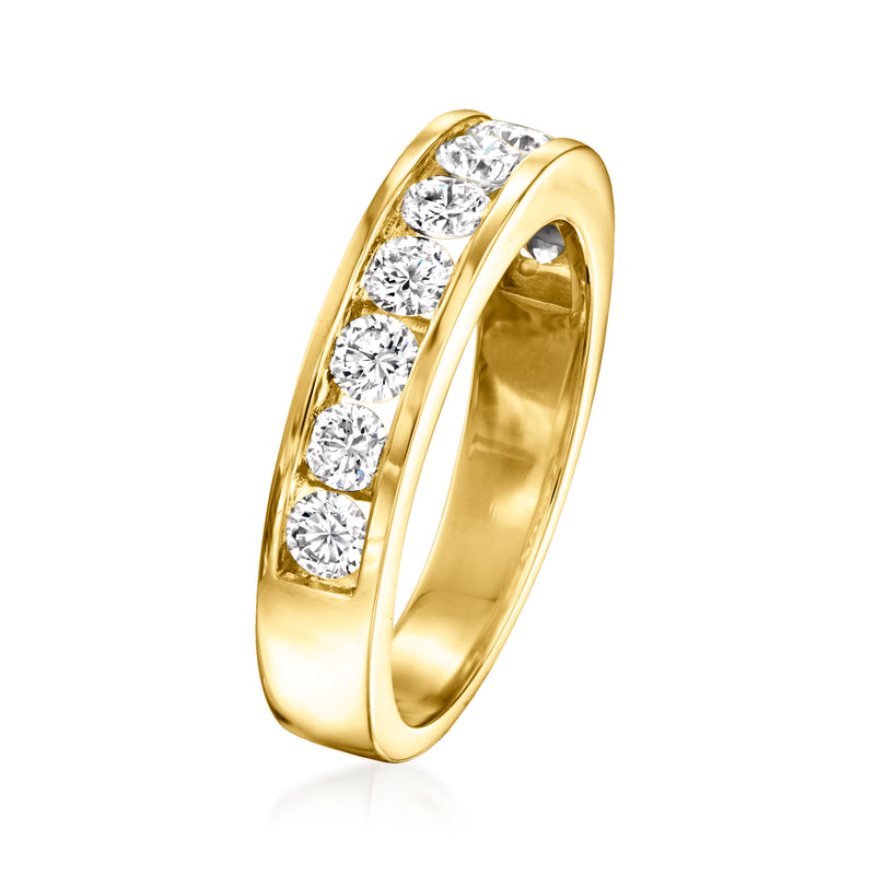 14kt yellow gold diamond channel-set ring, side view with round stones