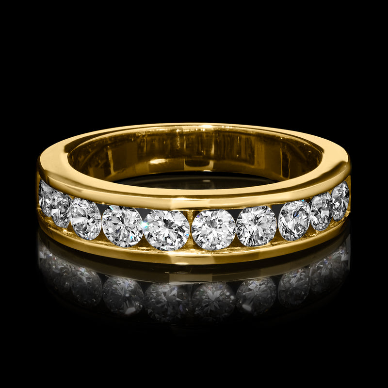 14kt yellow gold diamond channel-set ring with round bezel-set stones