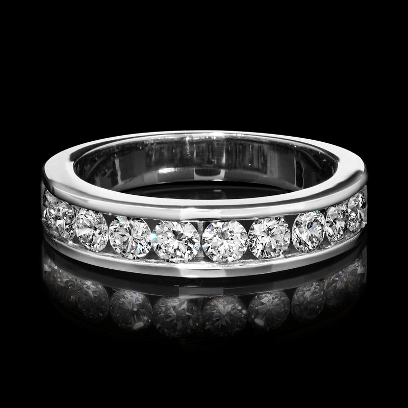 Channel-set lab-grown diamond ring in 14kt white gold, round stones across the band
