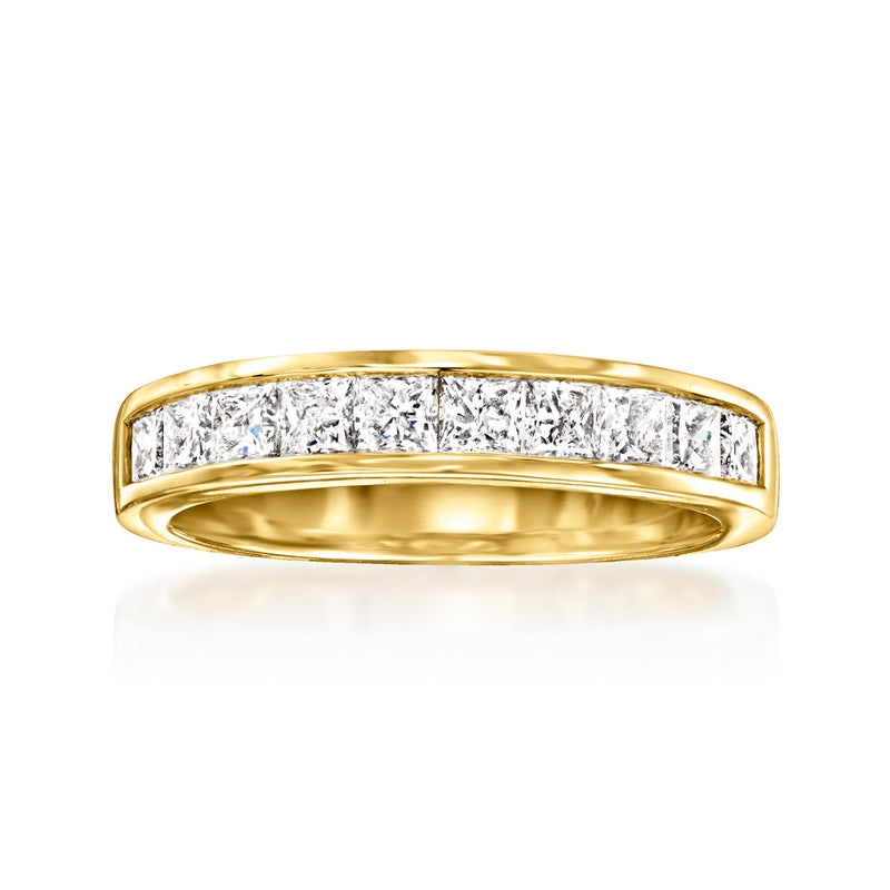 14kt yellow gold channel-set diamond band ring with a row of bright stones