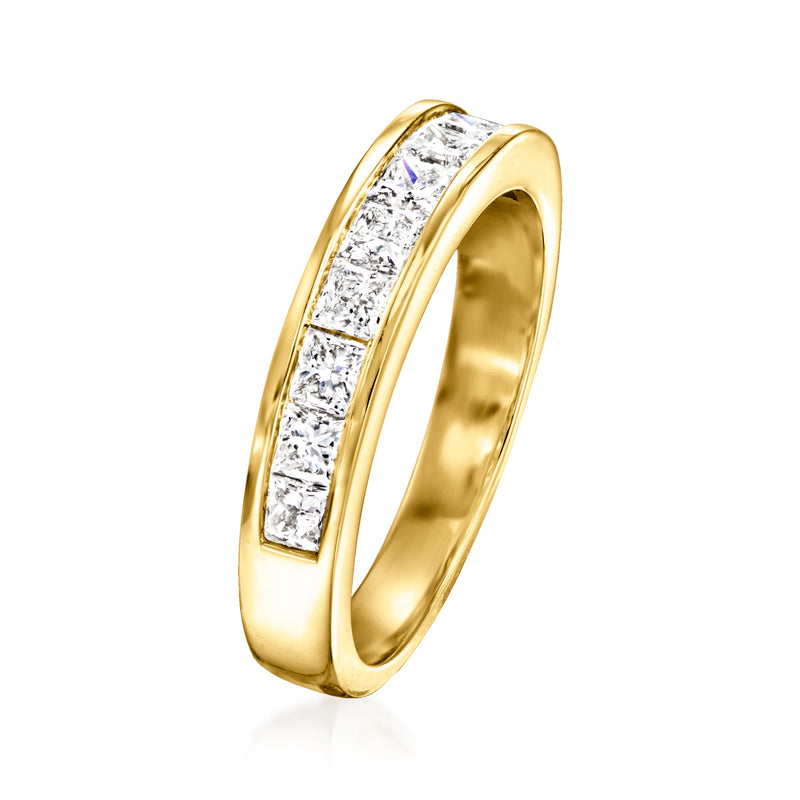 14kt yellow gold channel-set diamond ring, angled side view showing the stone-set row