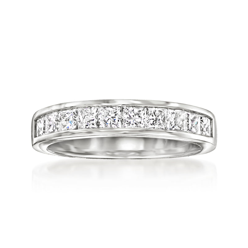 14kt white gold channel-set diamond ring with rectangular stones across the band