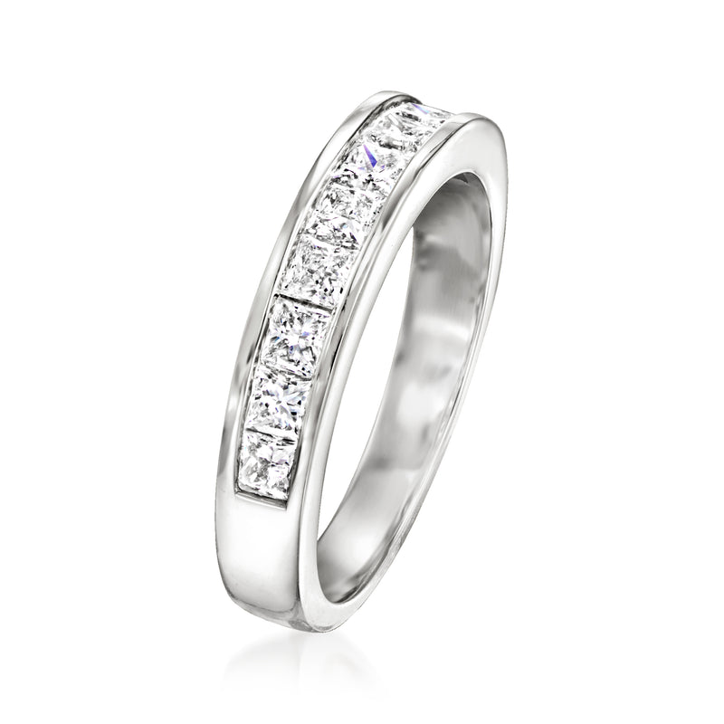 14kt white gold diamond band ring with rectangular channel-set stones, angled view