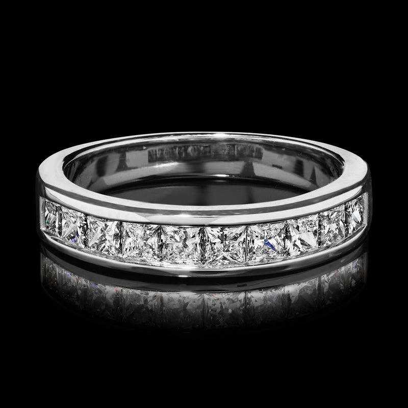 Channel-set diamond ring in 14kt white gold, full band with rectangular stones
