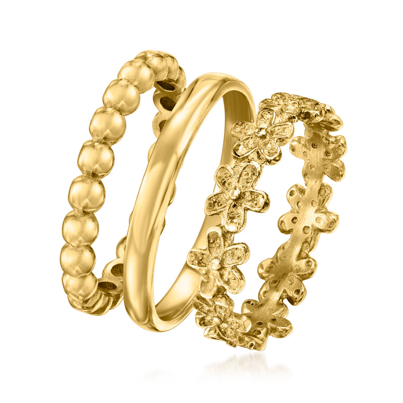 Gold over sterling ring set with bead-textured band and floral openwork band