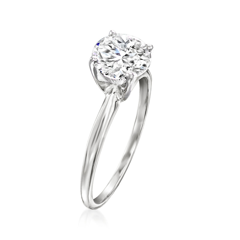 14kt white gold solitaire diamond ring, side view of prong-set round stone