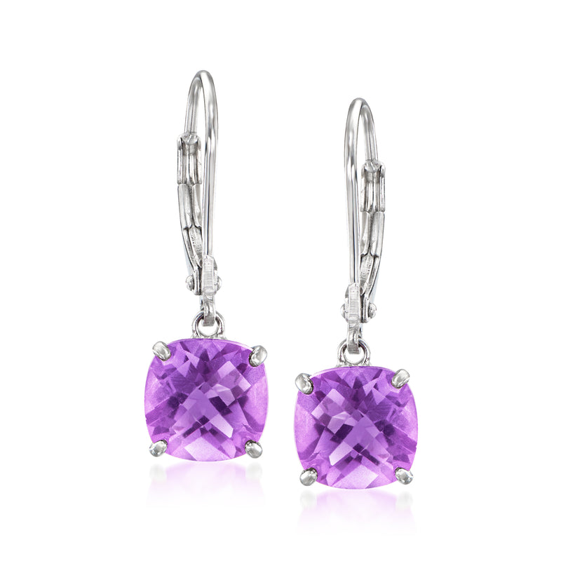 Sterling silver amethyst drop earrings with leverback closures and cushion-cut stones
