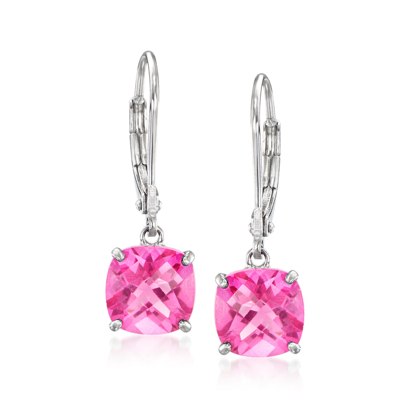 Sterling silver leverback drop earrings with pink cushion-cut topaz stones