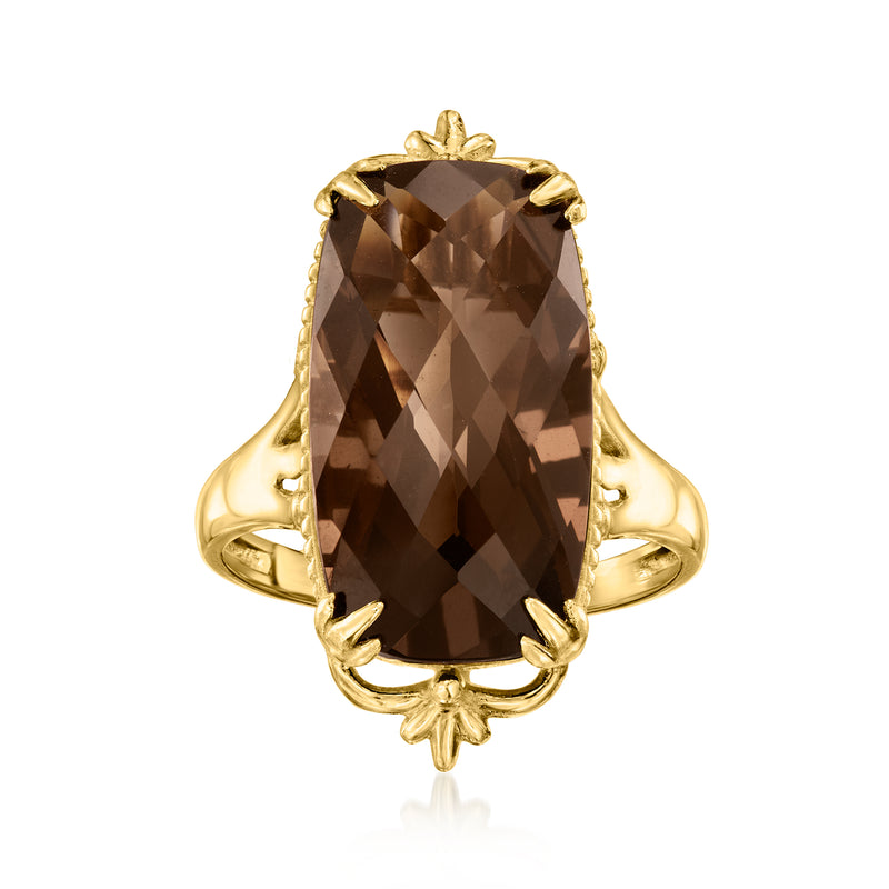 Gold-tone oval smoky quartz ring with ornate prong setting and marquise accents