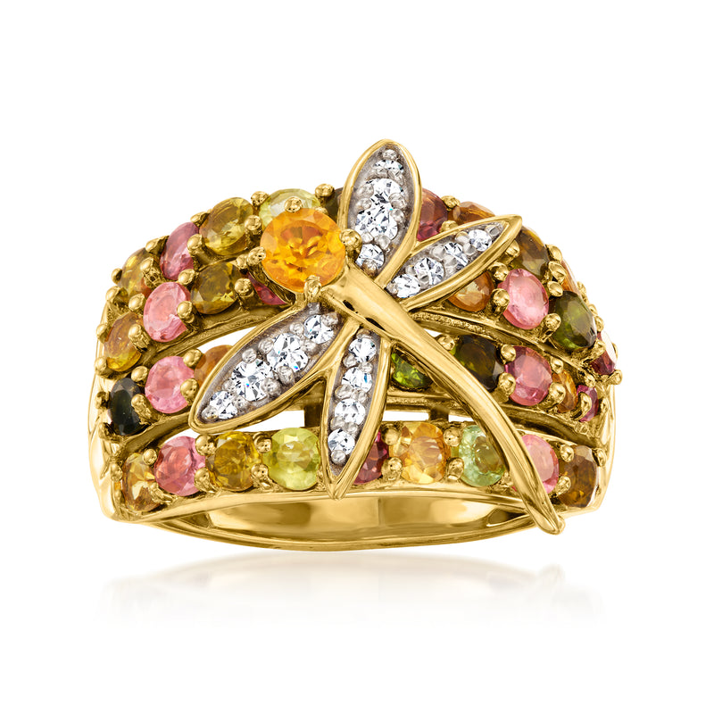 Gold dragonfly ring with multicolor gemstones and diamond-like accents, oval center