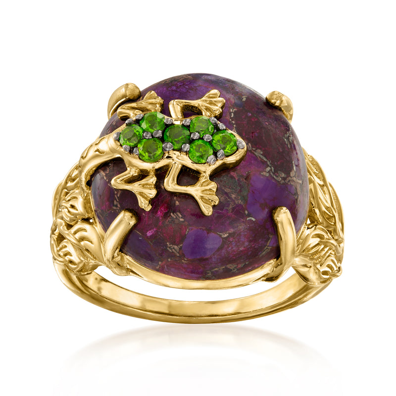 Frog ring with purple oval gemstone and green stone accents, gold-tone band