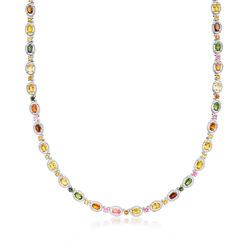 Sterling silver multicolored tourmaline tennis necklace with oval gemstones in prong settings