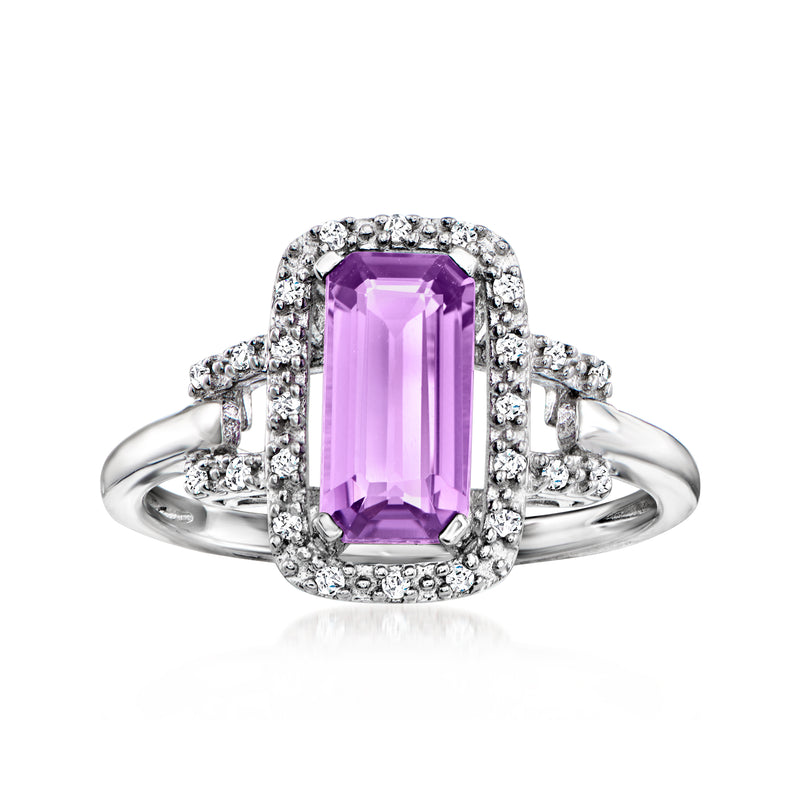 Sterling silver ring with amethyst center stone and diamond halo accents