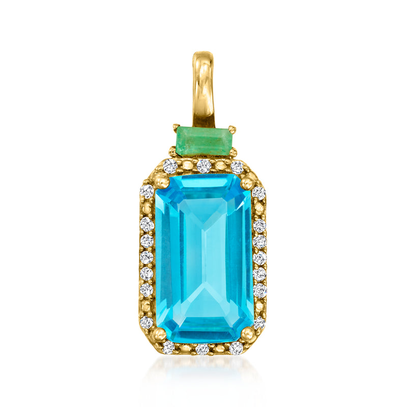 14kt yellow gold pendant with rectangular Swiss blue topaz and diamond halo, hanging bail