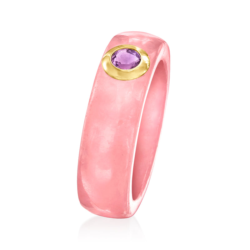 Pink jade cabochon ring with purple amethyst and yellow gold bezel face