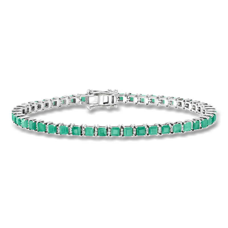 Sterling silver tennis bracelet with green emerald-cut stones and diamond accents