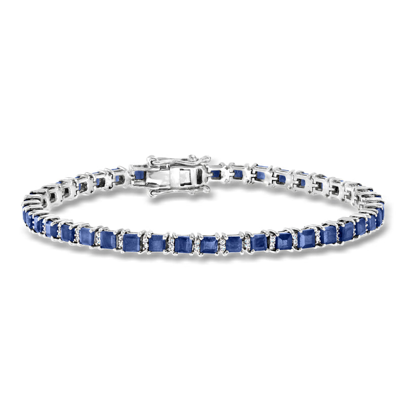 Sterling silver sapphire tennis bracelet with square blue stones and hinged clasp