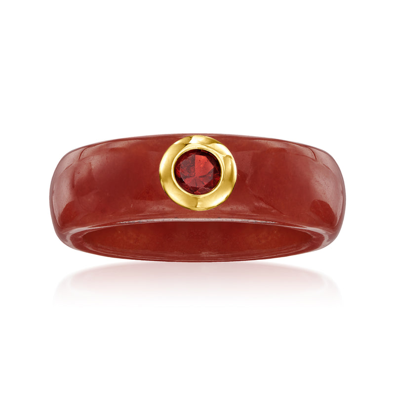 Red jade and garnet ring with round garnet set in 14kt yellow gold bezel