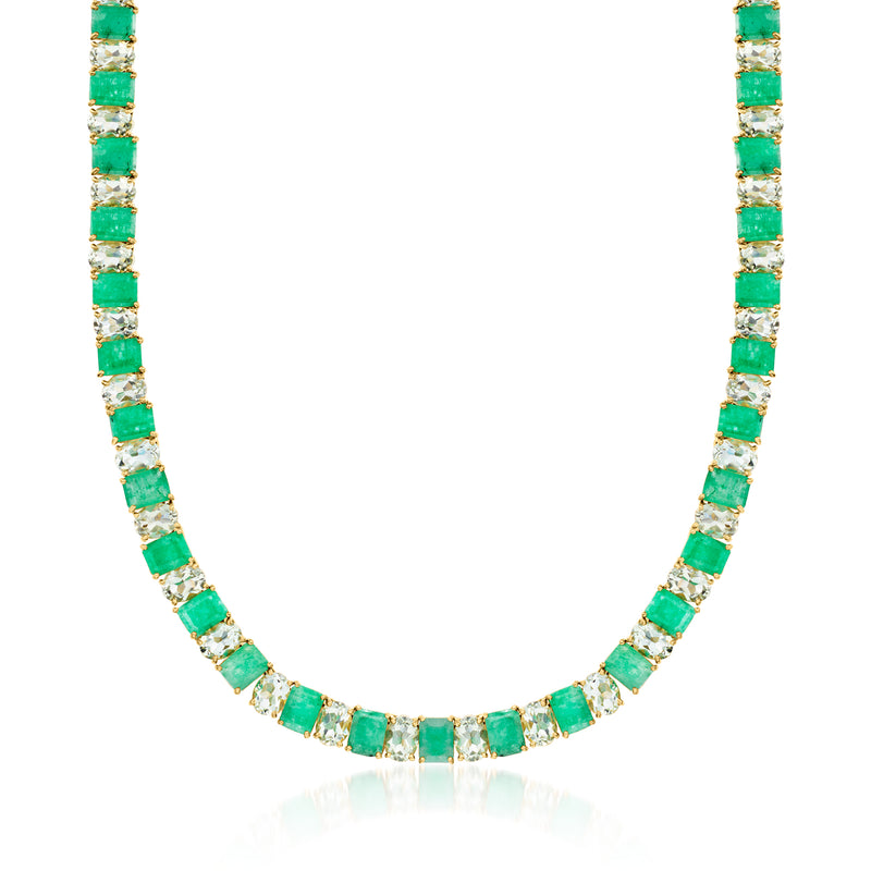 Gold over sterling necklace with alternating green and clear rectangular gemstones