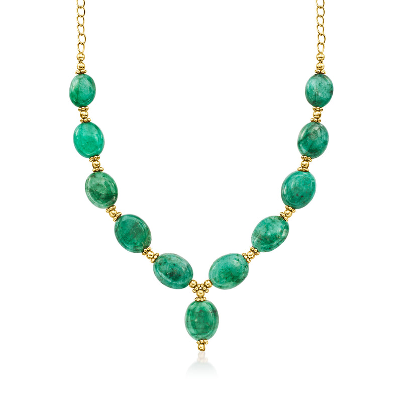 Emerald green bead necklace with oval gemstone beads and gold-tone link chain