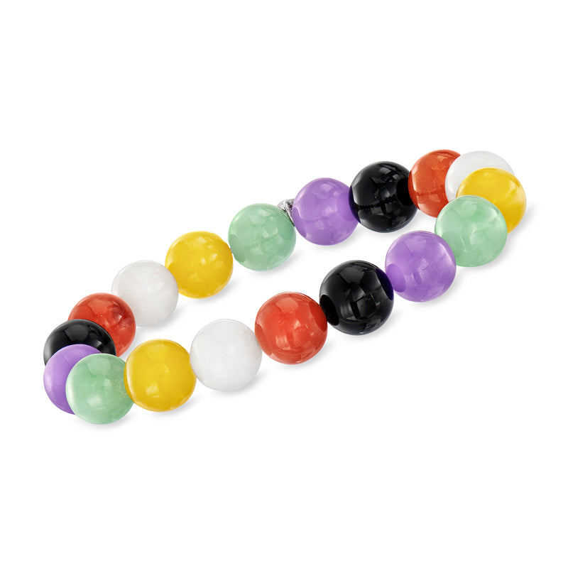 Multicolored jade bead stretch bracelet with round 10mm beads in purple, black, orange
