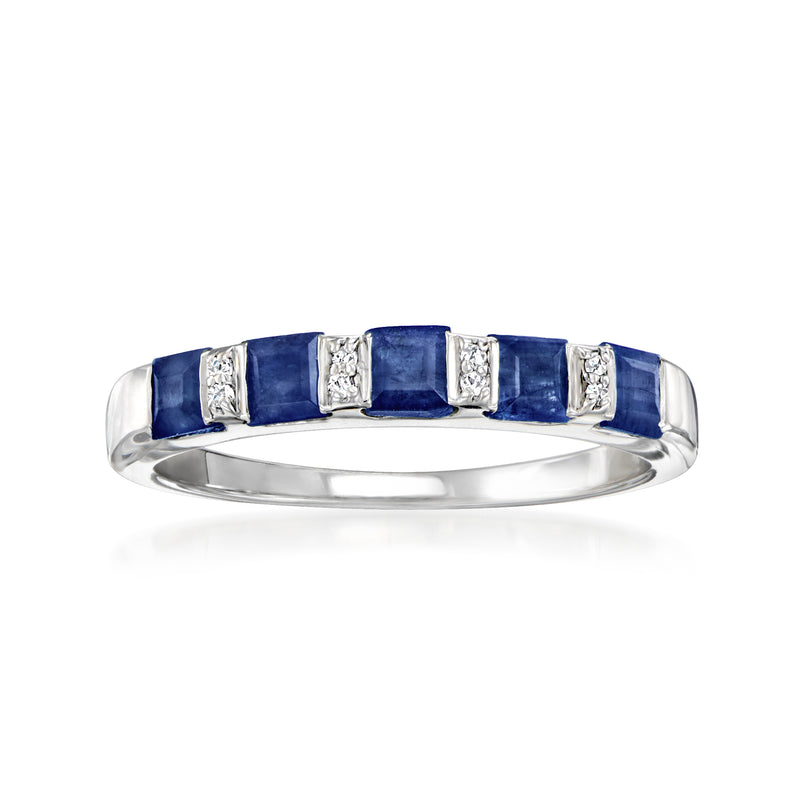 Sterling silver sapphire and diamond ring with blue square stones, channel settings