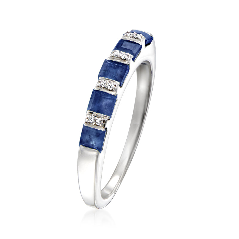 Sterling silver ring with blue sapphire square settings and small diamond accents