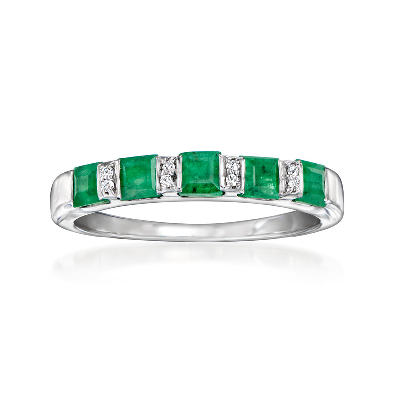 Sterling silver emerald and diamond ring with five green square stones