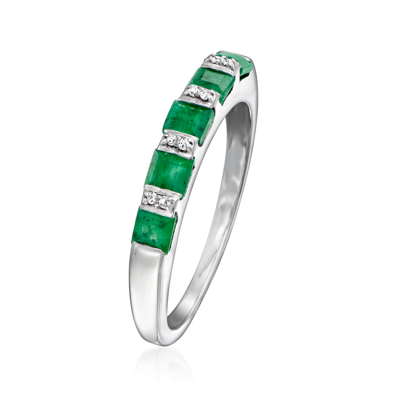 Sterling silver emerald and diamond band ring with raised green square centers