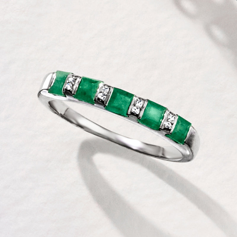 Sterling silver emerald and diamond ring with green square stones and clear accents