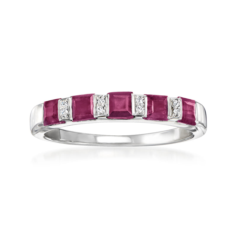 Sterling silver ruby and diamond bar ring, five purple square stones in a row
