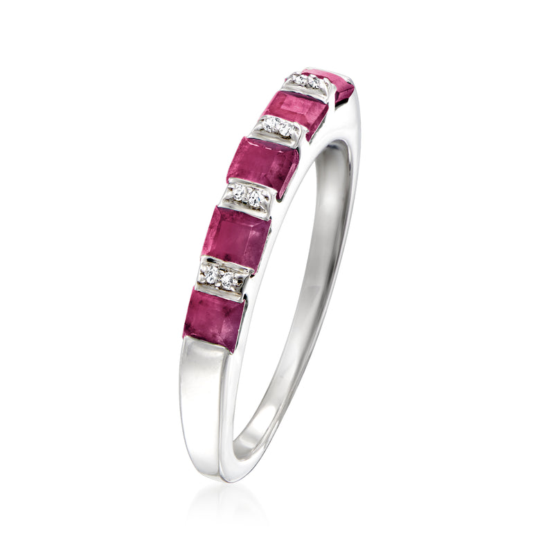 Sterling silver ruby and diamond ring with five purple square stones and bright prongs
