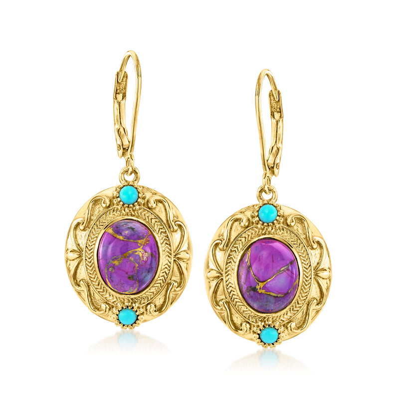 Gold drop leverback earrings with purple oval stone, turquoise accents, ornate round setting