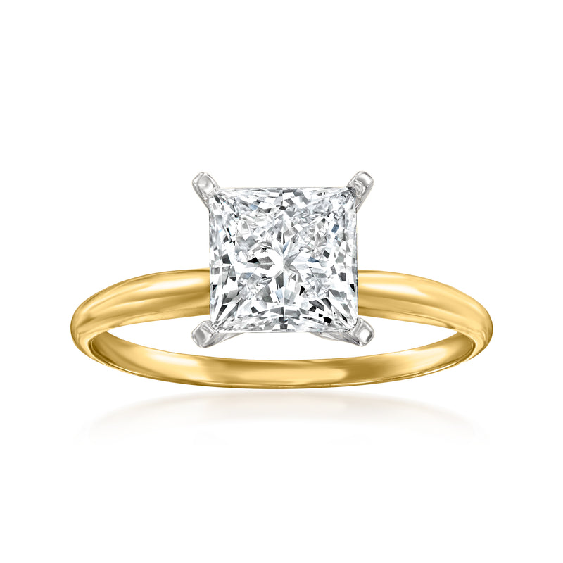 14kt yellow gold solitaire ring with princess-cut square diamond centerpiece