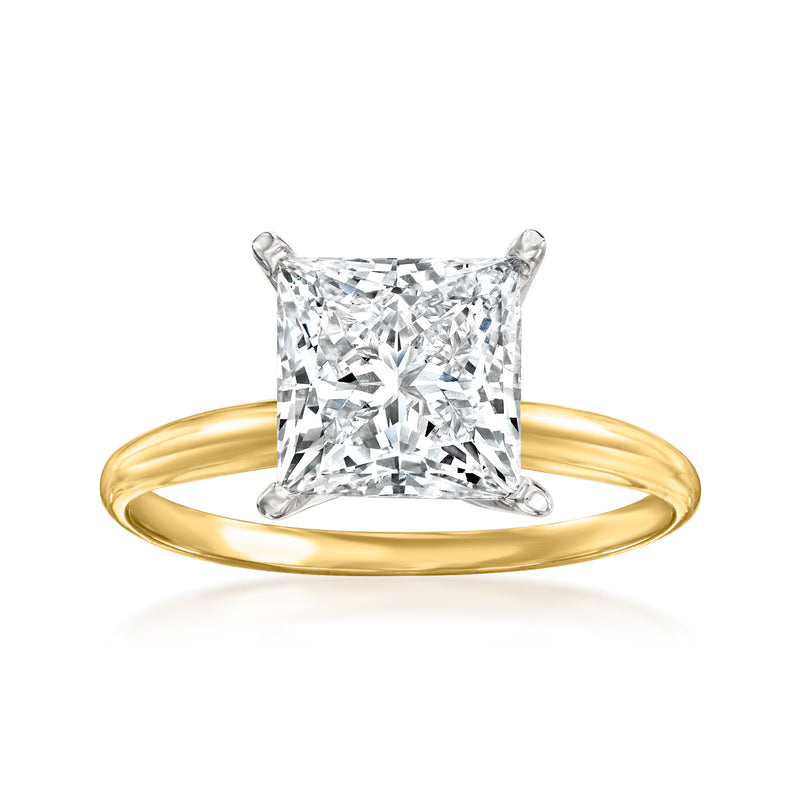Princess-cut diamond solitaire ring in 14kt yellow gold with large square center stone