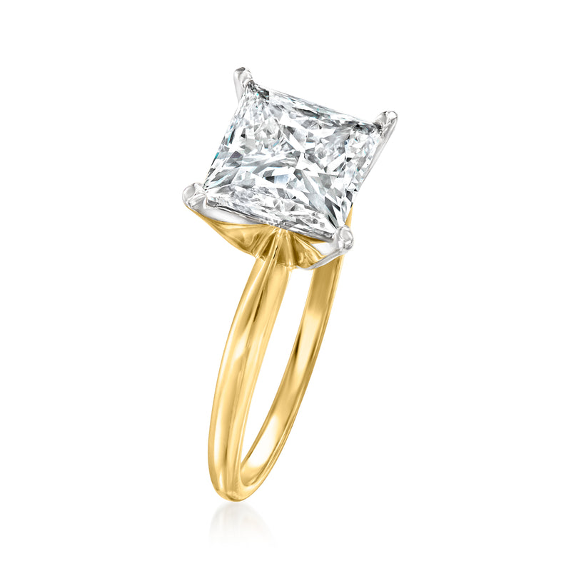 Princess-cut diamond solitaire ring with square center stone and 14kt yellow gold band