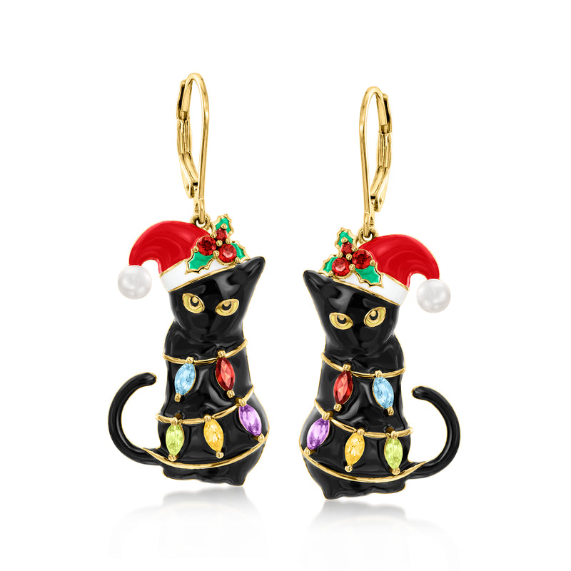 Multicolored enamel cat drop earrings with Santa hat, faux pearl accents, leverback